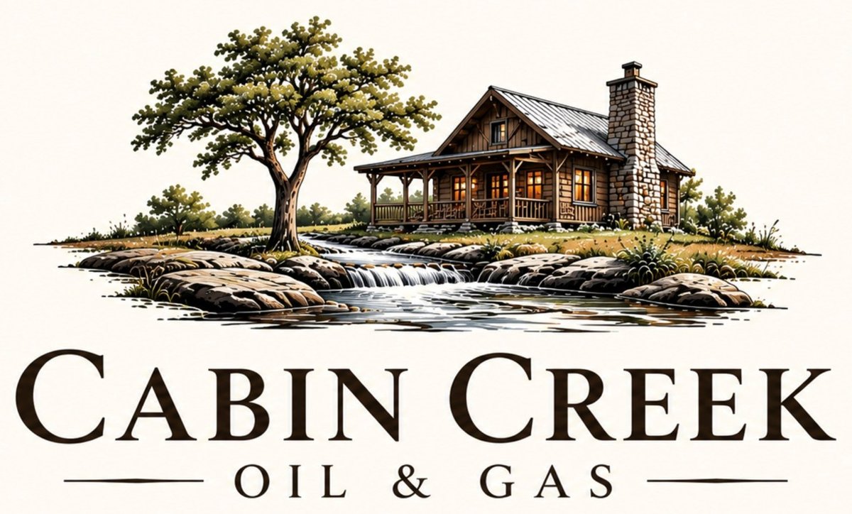 Cabin Creek Oil & Gas logo: a stone-chimney cabin beside an oak tree and a rocky creek